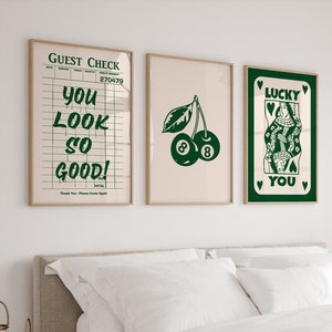 Set di 3 arte da parete alla moda, stampa Lucky You, poster retrò per il controllo degli ospiti, grande arte stampabile, stampa estetica verde, decorazione sopra il letto