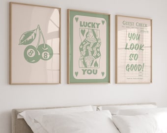 Trendy Wall Art Set of 3,  Lucky You Print, Retro Guest Check Poster, Sage Green Art, Green Aesthetic Print, Above Bed Decor