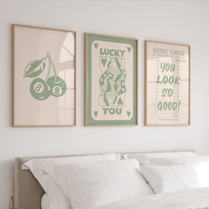 Set di 3 arte da parete alla moda, stampa Lucky You, poster retrò per gli ospiti, arte verde salvia, stampa estetica verde, decorazione sopra il letto