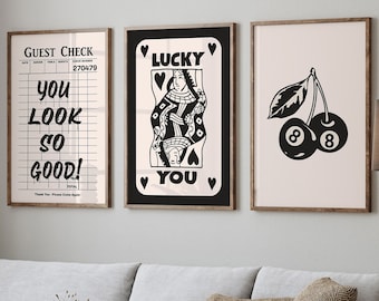 Trendy Wall Art Set of 3, Retro Guest Check Print, Lucky You Poster, Large Printable Art, Trendy Aesthetic Print, Above Bed Decor