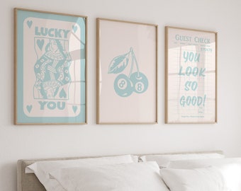 Trendy Wall Art Set of 3, Guest Check Print, Lucky You Wall Art, Large Printable Art, Trendy Aesthetic Print, Above Bed Decor, Retro Poster