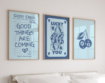 Trendy Wall Prints Set of 3, Blue Guest Check Print, Lucky You Wall Art, Printable Posters, Trendy Aesthetic Print, Above Bed Wall Art