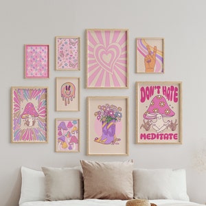 Trendy Retro Wall Art Set of 9 Prints, Digital Download, Preppy Wall Art, Above Bed Decor, 70S Style Poster, Fun Wall Art