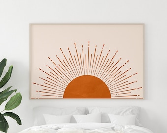 Boho Sun Horizontal Print, Mid Century Burnt Orange Sun Poster Sunrise Wall Art, Boho Art Print Sunset Print Modern Minimalist Sun Printable