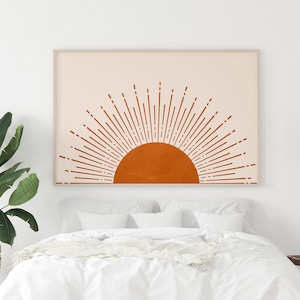 Boho Sun Horizontal Print, Mid Century Burnt Orange Sun Poster Sunrise Wall Art, Boho Art Print Sunset Print Modern Minimalist Sun Printable