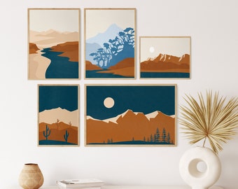 Boho Gallery Wall Print Set, Modern Boho Prints, Matching Rust Poster Prints Set of 5, Downloadable Prints, Navy Blue Living Room Decor