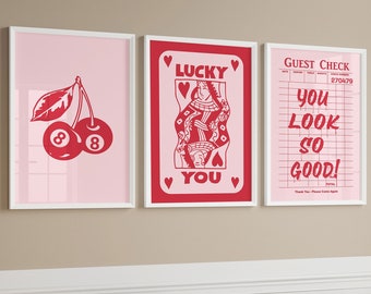 Trendy Wall Art Set of 3, Retro Guest Check Print, Lucky You Poster Cute Printable Art, Preppy Wall Art, Bar Cart Art, Wall Prints Aesthetic