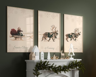 Christmas Gallery Set of 3 Prints, Santa Claus With Sleigh and Reindeer, Xmas Printable Wall Art, Christmas Wall Art Home Decor