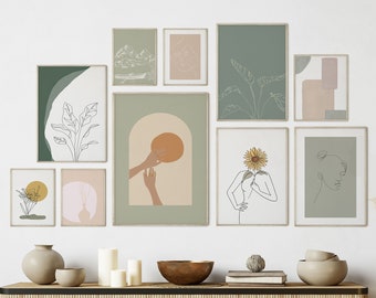 Boho Wall Art Set of 10 Prints, Modern Minimalist Gallery Wall Set, Neutral Art Print Set Printable Wall Art, Above Bed Decor Sage Green