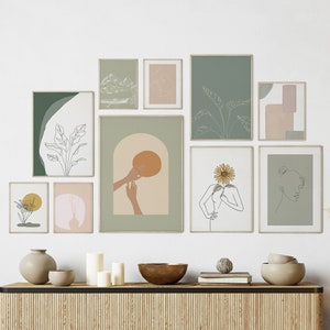 Boho Wall Art Set of 10 Prints, Modern Minimalist Gallery Wall Set, Neutral Art Print Set Printable Wall Art, Above Bed Decor Sage Green