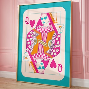 Obra de arte de la reina de corazones, arte de pared de moda, decoración de dormitorio de muy buen gusto, linda impresión de apartamento, decoración estética imprimible, obras de arte de naipes