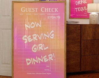 Retro Guest Check Print, Trendy Wall Art, Now Serving Girl Dinner, Preppy Wall Art, Funky Decor, Retro Wall Art, Poster Prints