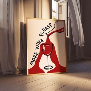 Stampa carrello bar, arte della parete della cucina, più vino per favore, arte della parete alla moda, arte della cucina moderna, regalo per gli amanti del vino, stampa del vino retrò