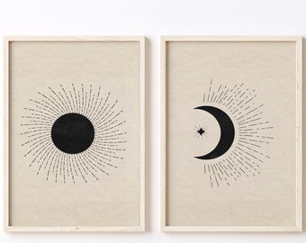 Zon en maan kunst aan de muur, abstracte kunst, Boho zon en maan print set van 2, zon en maan print, MidCentury moderne kunst, zwart en beige