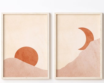 Sun and Moon Print, Terracotta Set Of 2 Prints Abstract, Boho Wall Art, Mid Century Modern Sun And Moon Wall Art, Boho Poster Print