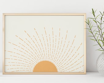 Stampa all'alba gialla, stampa artistica Boho, poster solare orizzontale, arte della parete solare moderna stampa solare Mid Century Art Stampa vivaio neutra Sole retrò