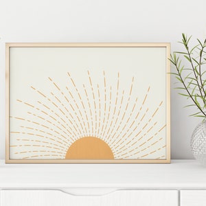 Yellow Sunrise Print, Boho Art Print, Horizontal Sun Poster, Sun Wall Art Modern Sun Print Mid Century Art Neutral Nursery Print Retro Sun