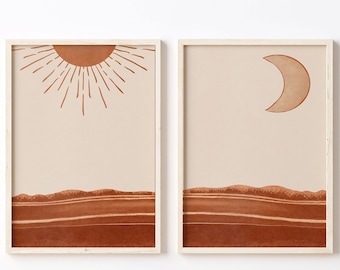 Boho Sun and Moon Art Print, Abstract Landscape Terracotta Printable Set Of 2, Boho Printable Art, Modern Sun And Moon Print Set of 2