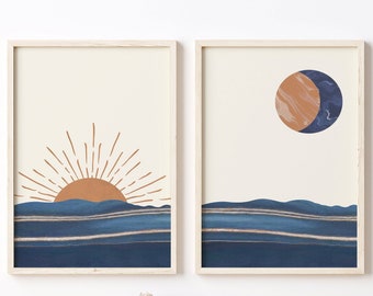 Sun and Moon Wall Art, Abstract Art, Minimalist Wall Art, Set of 2 Sun Moon Wall Art, Boho Wall Art Digital Printable Modern Poster Print