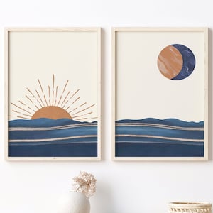 Sun and Moon Wall Art, Abstract Art, Minimalist Wall Art, Set of 2 Sun Moon Wall Art, Boho Wall Art Digital Printable Modern Poster Print