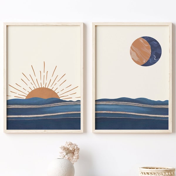 Sonne und Mond Wandkunst, abstrakte Kunst, minimalistische Wandkunst, 2er Set Sonne Mond Wandkunst, Boho Wandkunst Digital druckbare moderne Poster Druck