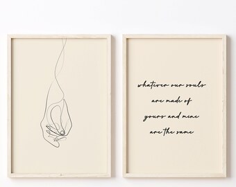 Couple Line Art One Line Drawing Minimalist Wall Art, Chic Boho Above Bed Art, Love Art Couple Holding Hands Romantic Quote Set of 2 Prints