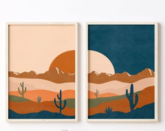 Sun Moon Boho Art Abstract Art, Modern Wall Art Set Of 2 Desert Prints Sun And Moon Wall Art Prints, Digital Download Modern Boho Poster