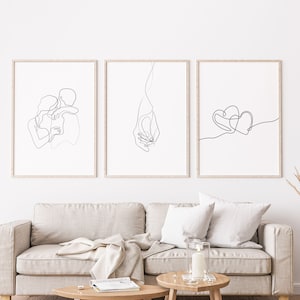 Couple Line Art Set, Couple Abstract Art, Black White Wall Set of 3 Prints, Modern Minimalist Poster, Romantic Bedroom Art Prints Above Bed