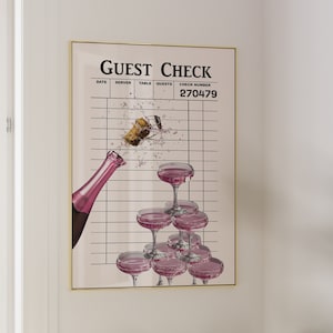 Gast Check Druck, trendige Wandkunst, Pink Champagner Druck Retro Wandkunst, Barwagen Kunst, ästhetische Wandkunst druckbar, Funky Wandkunst