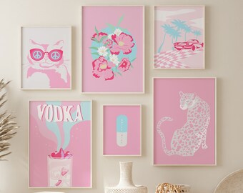 Trendy Gallery Wall Art Print Set, Retro Art Print Bundle Set, 6 Pink and Blue Poster Art Set Set, Boho Colorful Aesthetic Living Room Decor