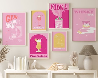 Retro Cocktail Print Set of 6, Colorful Gallery Wall Set Posters, Retro Bar Poster Set Printable Home Art Trendy Living Room Wall Decor Boho