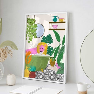 Cartel de baño divertido, león rosa colorido en la impresión del baño, arte de moda, descarga digital, ilustración original colorida y divertida arte de la pared del baño