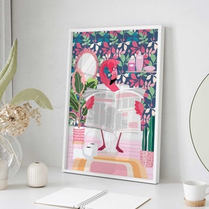 Funny Bathroom Art, Colorful Trendy Wall Art, Flamingo in Bathroom Print, Quirky Bathroom Wall Art, Tropical Bird Print, Digital Download