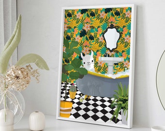 Bright Colorful Trendy Wall Art, Funny Bathroom Decor, Digital Download, Cute Fun Llama in Bath Print, Funky Wall Print, Maximalist Wall art