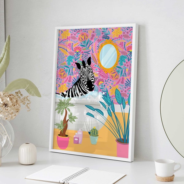 Colorful Trendy Wall Art, Funny Bathroom Decor, Printable Wall Art, Cute Funky Zebra in Bath Print, Funky Wall Print Unique Art Illustration