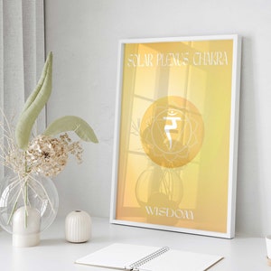 Puede incluir: Una impresión enmarcada con un fondo amarillo y un símbolo blanco en el centro. El texto "Solar Plexus Chakra" y "Wisdom" está impreso en blanco en la parte superior e inferior de la impresión.