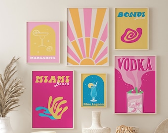 Trendy Colorful Print Set of 6, Gallery Wall Poster Bundle, Retro Bar Poster Set, Printable Home Art Above Bed Decor Modern Cocktail Prints