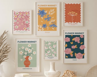 Flower Market Gallery Wall Set of 6, Above Bed Wall Art, Colorful Gallery Wall Prints, Retro Poster Set Printable Trendy Home Art Decor
