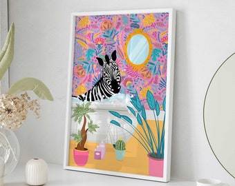 Colorful Trendy Wall Art, Funny Bathroom Decor, Printable Wall Art, Cute Funky Zebra in Bath Print, Funky Wall Print Unique Art Illustration