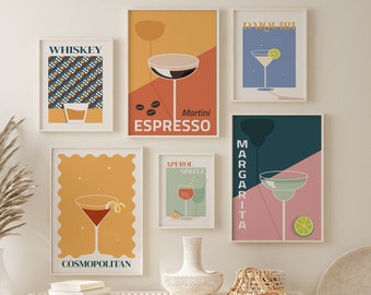 Cocktail Prints Set of 6, Gallery Wall Prints Set, Digital Download, Trendy Cocktail Posters, Bar Cart Accessories, Modern Wall Art