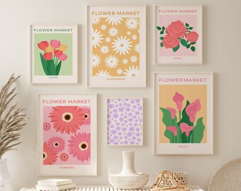 Trendy Flower Market Print Set, Printable Posters 6 Piece Colorful Wall Art, Botanical Poster Prints Set, Above Bed Decor Retro Aesthetic