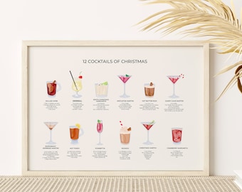 Puede incluir: Un póster imprimible con ilustraciones de 12 cócteles navideños. El póster se titula "12 Cocktails of Christmas" e incluye los nombres y las recetas de cada cóctel.