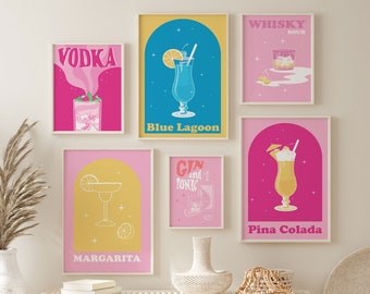 Retro Cocktail Print Set of 6, Colorful Gallery Wall Art Posters, Retro Bar Poster Set Printable Home Art Trendy Living Room Wall Decor Boho