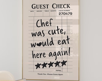 Impresión de cheque de invitado, arte de pared moderno, el chef era encantador, volvería a comer aquí, arte de pared de cocina moderna, póster de comedor