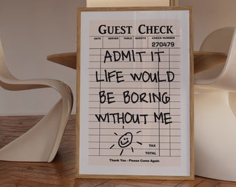 Guest Check Print, Trendy Wall Art, Guest Check Wall Art, Retro Wall Art, Preppy Dorm Decor, Printable Art Print