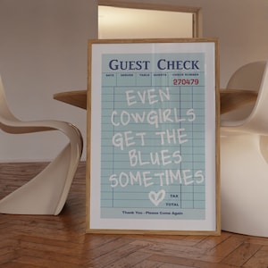 Guest Check Print, Trendy Wall Art, Dorm Art Print, Even Cowgirls Get The Blues Poster, Guest Check Wall Art, Retro Wall Art, Dorm Decor