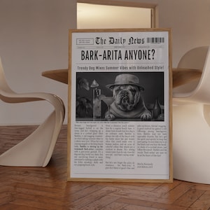 Trendy Newspaper Print, Bar Cart Art, Fun Bark-arita Newspaper Poster, Large Sizes Available, Cocktail Wall Art, Digital Download