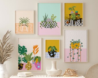 Trendy Retro House Plants, Colorful Gallery Wall Art, Funky Botanical Wall Prints, Digital Download, Modern Boho Wall Art, Kitchen Wall Art