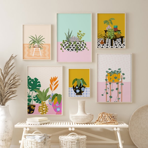 Trendy Retro House Plants, Colorful Gallery Wall Art, Funky Botanical Wall Prints, Digital Download, Modern Boho Wall Art, Kitchen Wall Art