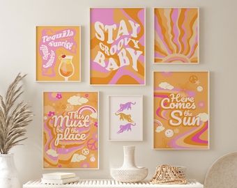 Trendy Gallery Wall Prints, Retro Art Print Bundle S70s Aesthetic Pink Yellow and Orange Wall Prints, Colorful Funky Posters